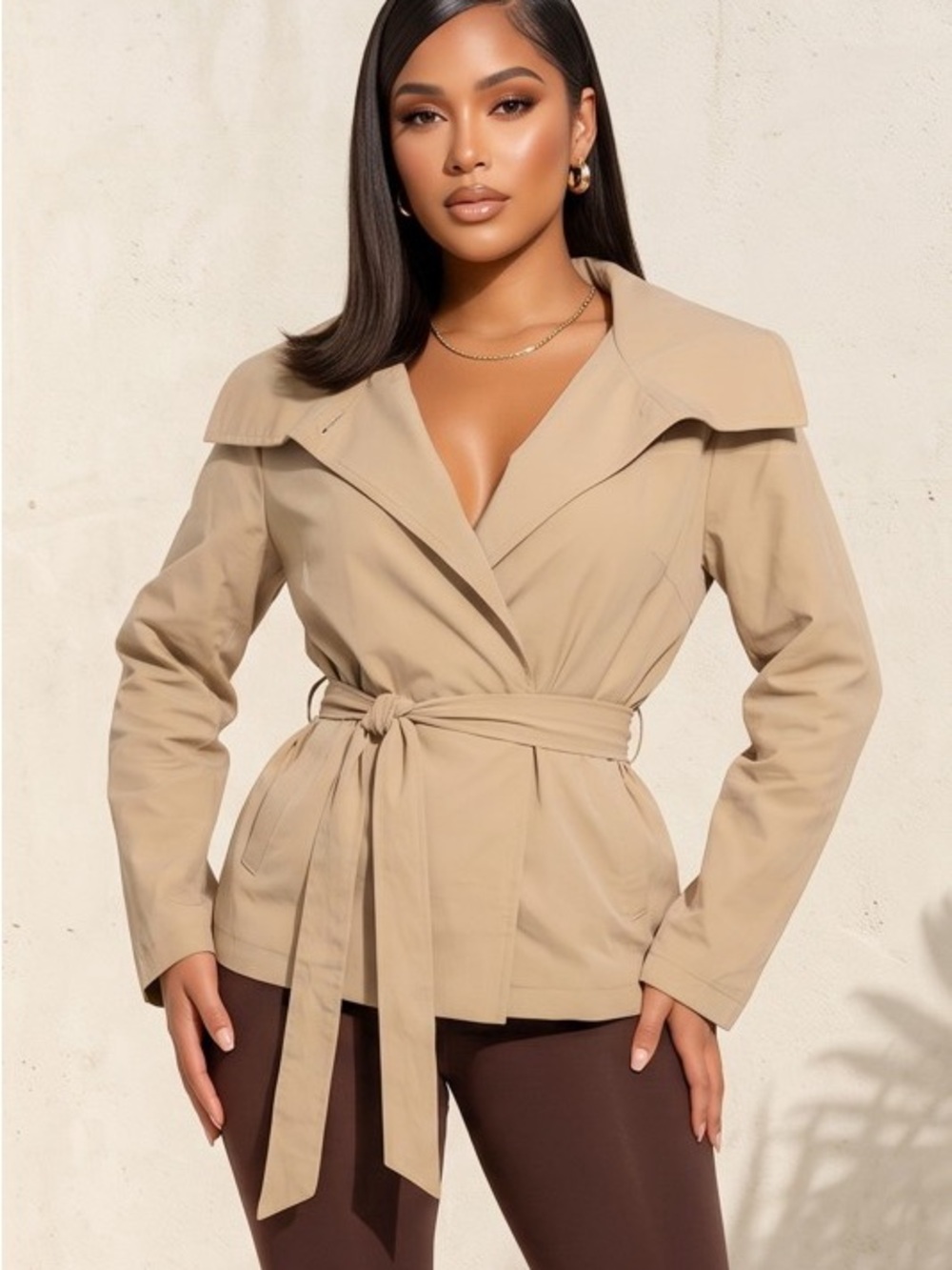 Beige Belted Trench Jacket - Women J-62495-KHA